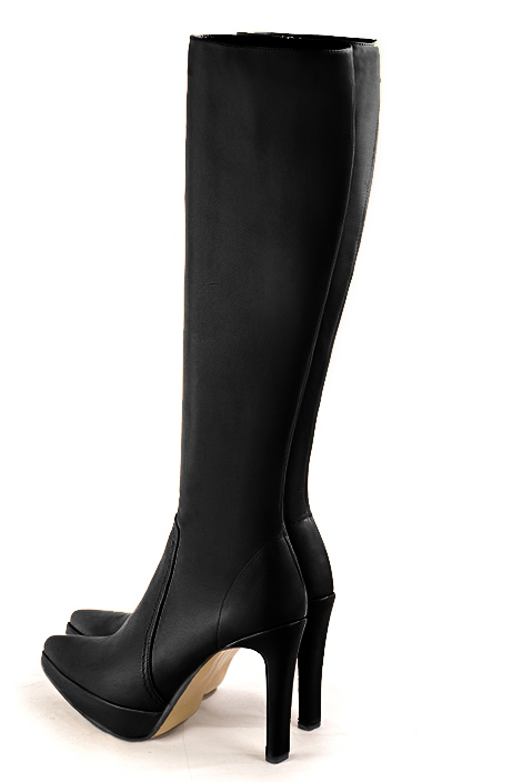 Satin black women's feminine knee-high boots. Tapered toe. Very high slim heel with a platform at the front. Made to measure. Rear view - Florence KOOIJMAN